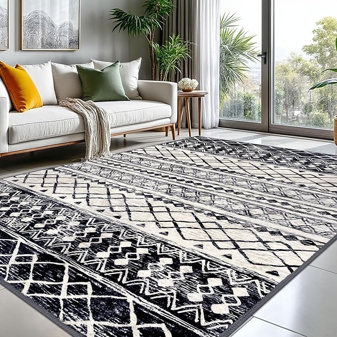 KUTA Moroccan 8x10 Area Rugs Black Navy Blue, Washable Boho Living Room Rug by KUTA