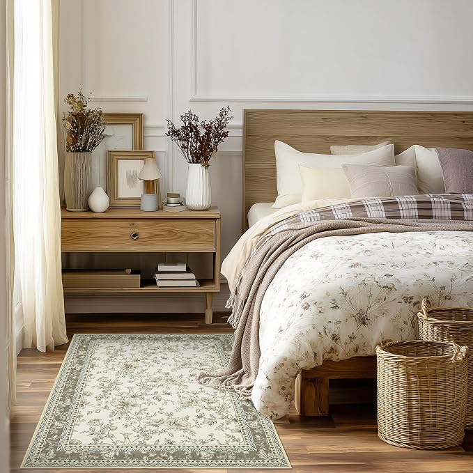 Beige Taupe Floral Area Rug for Entryway 2x3 Washable Small Rug Low Pile Non - Image 3