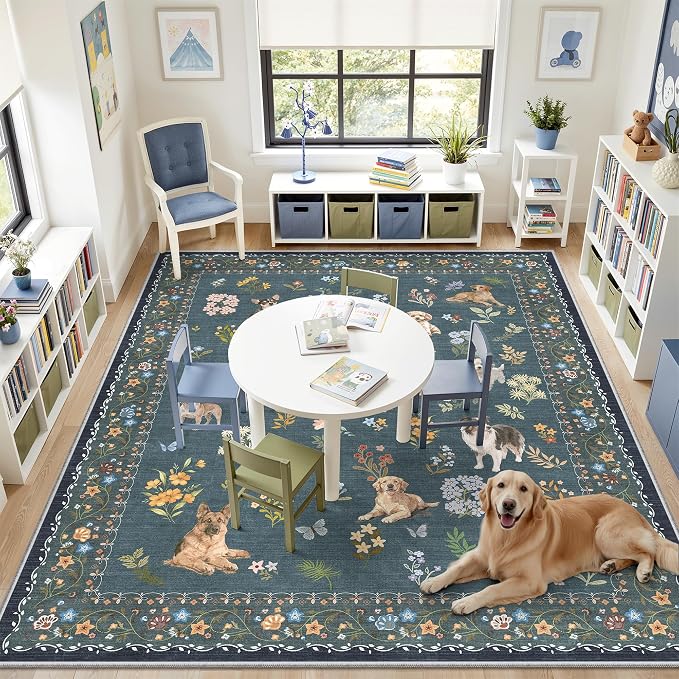 Soalmost Dog 8x10 Area Rugs for Living Room, Machine Washable Animal Floral - Image 2
