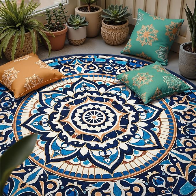 jinchan Mandala Round Rug 6ft Blue Boho Washable Rug Moroccan 6' Round Modern - Image 2