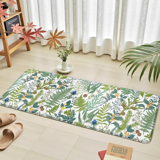White Green Botanical Kitchen Rugs Set of 2 Plant Leaf Anti-Fatigue Kitchen Mat - Image 3