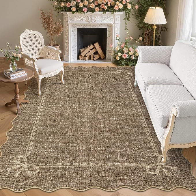 GarveeHome Scalloped Bow Rug for Living Room, Solid Brown Rug for Dorm by GarveeHome
