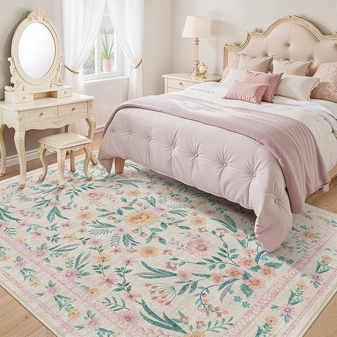 7x9 Pink Boho Floral Area Rug – Washable Non-Slip Soft Carpet - Image 4