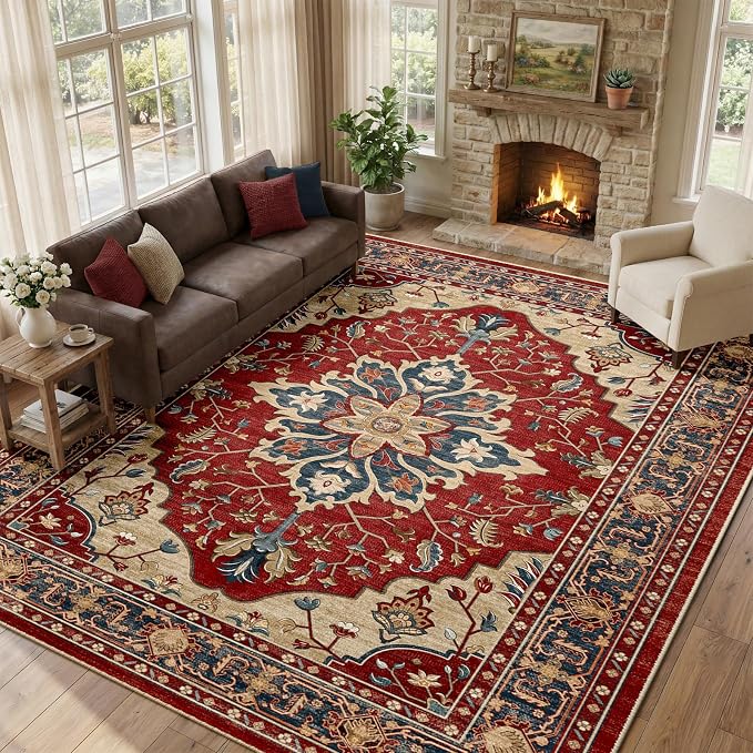 RELEANY Area Rugs Large 9'x12' Washable Non-Slip, Floral Vintage Distress - Image 3