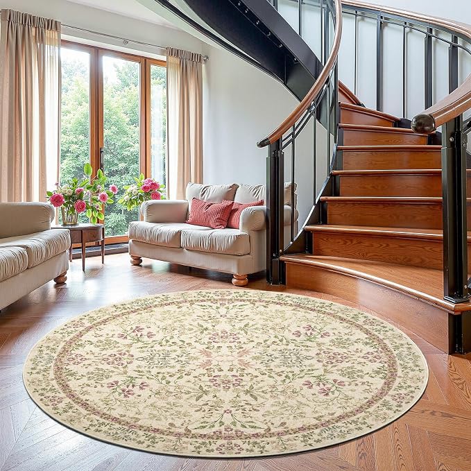 jinchan Zenith Round Rug 6ft Area Rug Soft 6'Round Vintage Floral Rug Non-Slip - Image 3