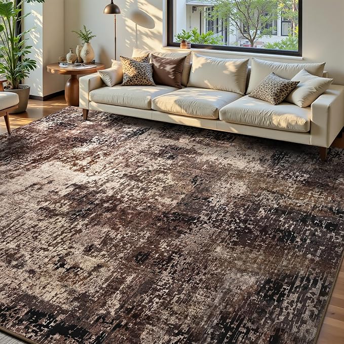 Ompaa Living Room Rug 6x9 Brown Area Rug Machine Washable Boho Coffee Rug Non by OmpaaHomeDecor