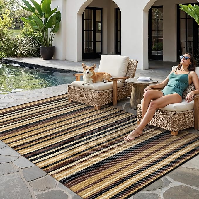 Outdoor Plastic Straw Rug Waterproof Patio 6x9 Brown Black Stripe Mat - Image 3