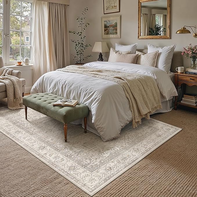 6x9 Washable Vintage Area Rug Beige Oriental Living Room Bedroom Throw Rug - Image 3