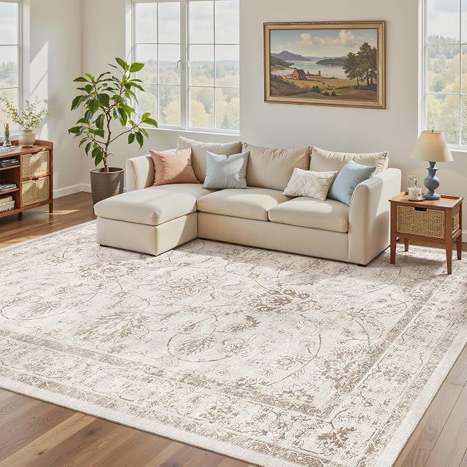 Madane Washable 7x9 Area Rugs for Living Room, Vintage Natural Rug by Madane