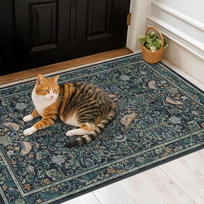 Traditional Washable Entryway Rugs, 3x4 Blue and Green Floral Kitchen Mat - Image 6