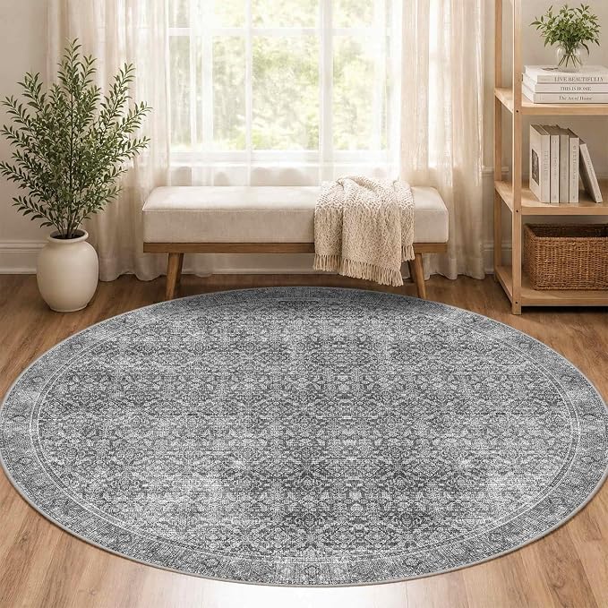 Latte&Fog Round Rug Washable Vintage Non Slip Circle Area Rug | Washable - Image 2