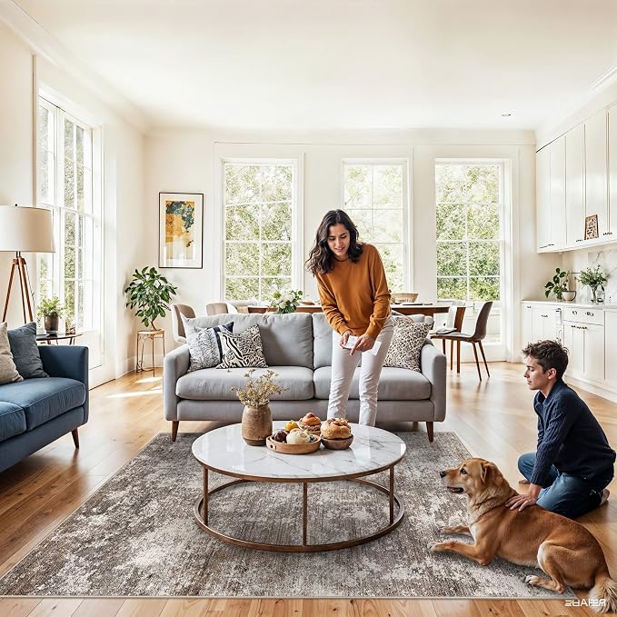 5x8 Washable Living Room Area Rug Modern Neutral Abstract Rug - Image 9