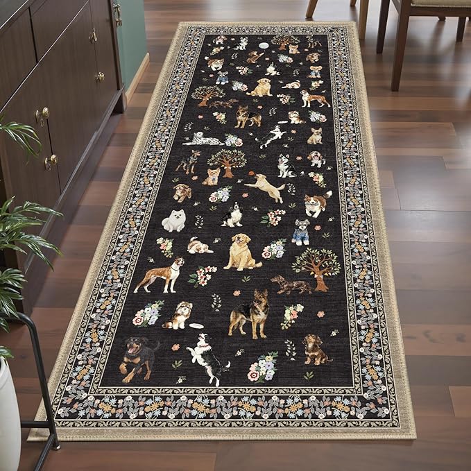 Black Floral Dog Rug Runner, 2x5 Washable Kitchen Mat Ultra-Thin Soft, Non-Slip - Image 4