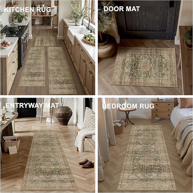 Vintage Kitchen Rug Set of 3 Washable Green Brown Kitchen Mats - Image 6