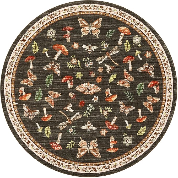 Mushroom Insect 5ft Round Rug Washable Non-Slip Soft Ultra-Thin Small Boho - Image 5