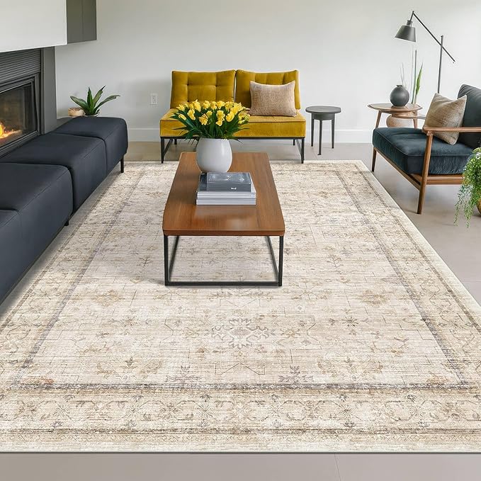 Hazo Haus Ivory 5x8 Area Rug for Bedroom, Home Office, Washable Non Slip by HazoHaus