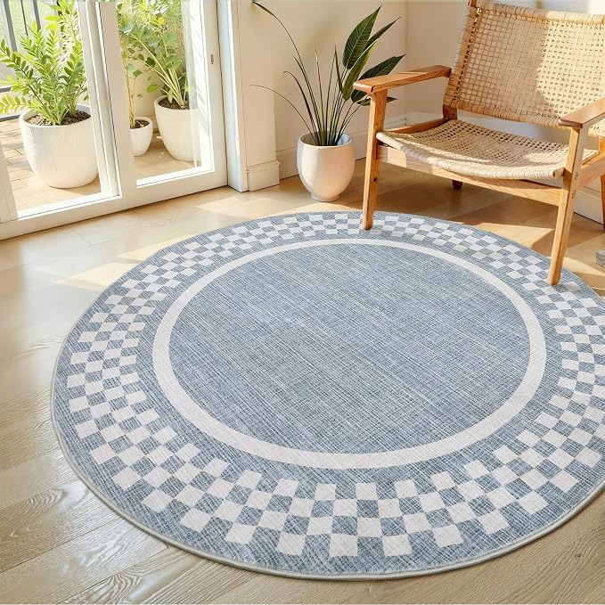 6ft Washable Round Rug for Entryway Modern Checkered Bedroom Circle Rug Non - Image 2