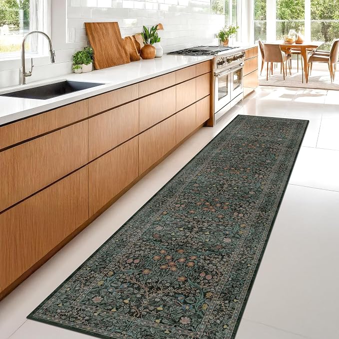 Dark Green Washable 2x8 Runner Rug Non Slip by HazoHaus