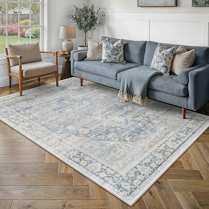 5x7 Washable Neutral Area Rug Blue Vintage Living Room Bedroom Carpet Non-Slip by WondRg