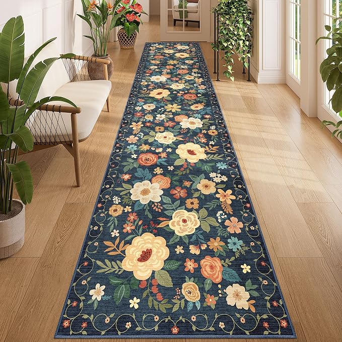 DUKINO 2.6x12 Kitchen Runner Rug, Lightweight Floral Washable Rug by DUKINO