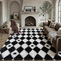 PureCozy Checkered Rug 9x12 Fluffy Shag Living Room Black and White Area Rug by PureCozy