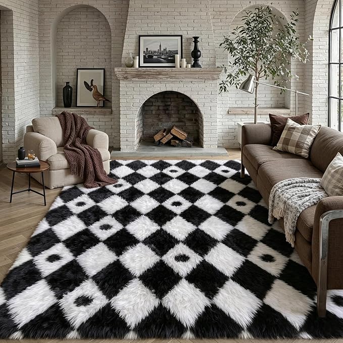 PureCozy Checkered Rug 8x10 Fluffy Shag Living Room Black and White Area Rug by PureCozy