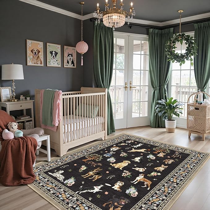 Area Rug 4x6 Black Dog Rug, Washable Rugs Non Slip Low Pile Floral Dog Small by WelcometoBabovid