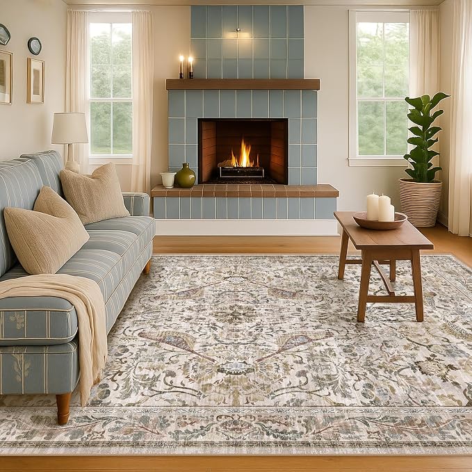 Washable 6x8 Floral Area Rug for Living Room, Boho Farmhouse Dining Room Rug - Image 3