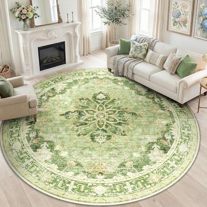 RELEANY Area Rugs Round 8ft Washable Non-Slip, Floral Vintage Distress by RELEANY