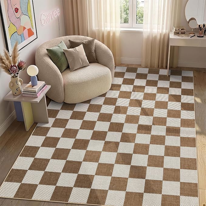 GarveeHome Checkered Terracotta Brown 4x6 Washable Rug Geometric Diamond Dot - Image 3