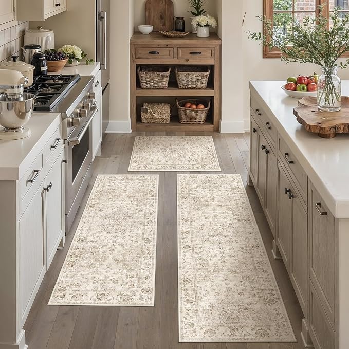 Neutral Kitchen Rug Set of 3 Washable Beige Vintage Kitchen Mats by WondRg