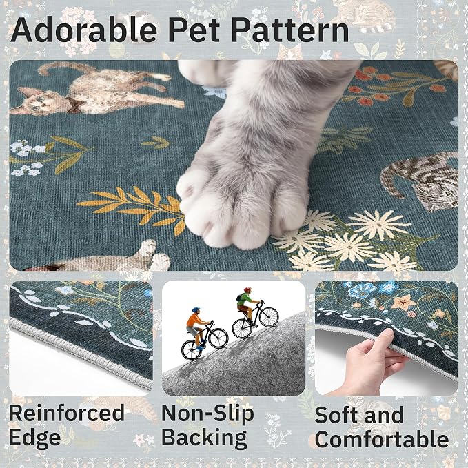 Soalmost Cat 5x7 Area Rugs for Living Room, Machine Washable Animal Floral - Image 6