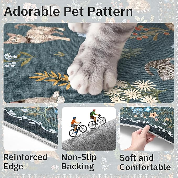 Soalmost Cat 3x5 Area Rugs for Entryway, Machine Washable Animal Floral Accent - Image 8