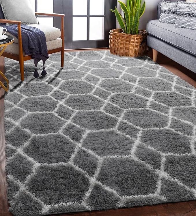 ONASAR 5x7 Area Rugs for Living Room Bedroom, Fluffy Grey and White Faux Fur - Image 5
