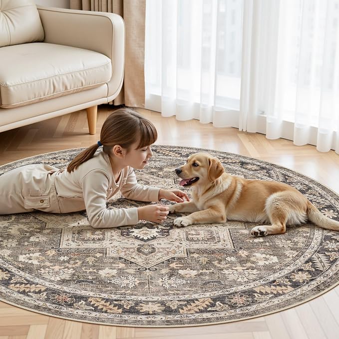 5ft Round Vintage Living Room Area Rug - Image 7