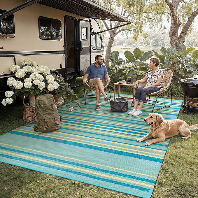 Outdoor Plastic Straw Rug Waterproof Patio 8x10 Teal Yellow Stripe Mat - Image 2