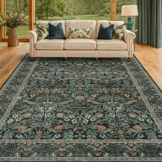 Washable Area Rug 9x12 Living Room, Ultra Soft Dark Floral Large Washable Rugs - Image 9