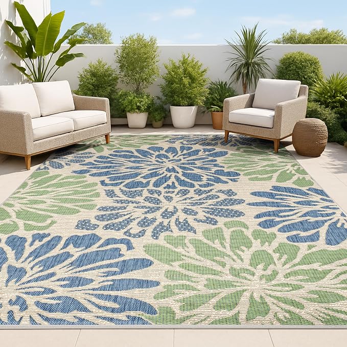 JONATHAN Y Floral Textured Weave Indoor Outdoor Area Rug 4X6 Navy/Green by JONATHANY