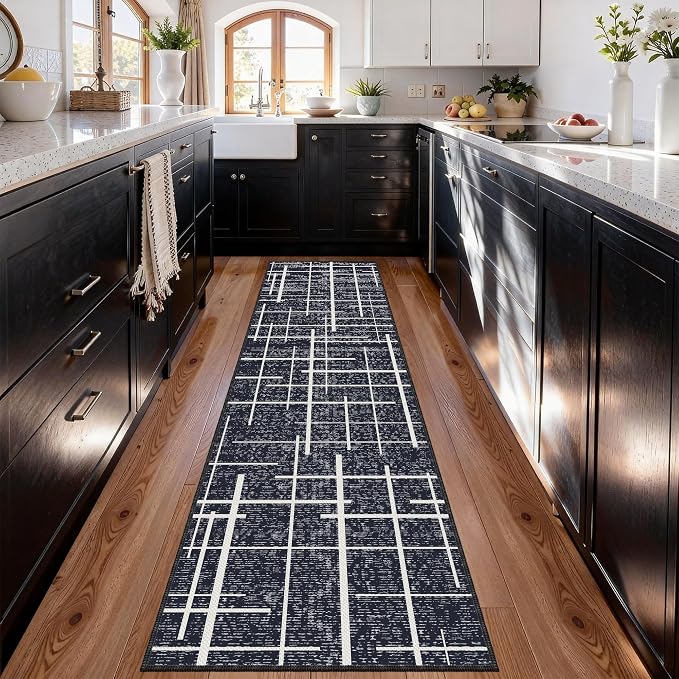 Non Slip Hallway Runner Rug 2x8, Modern Distressed Stripe, Washable Long Rug by TTelephant