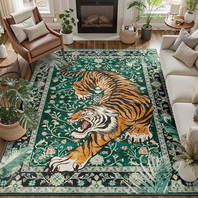 DCX Washable 5x7 Tiger Area Rug, Soft Low Pile Carpet, Kid & Pet Friendly by DCXWashableRug