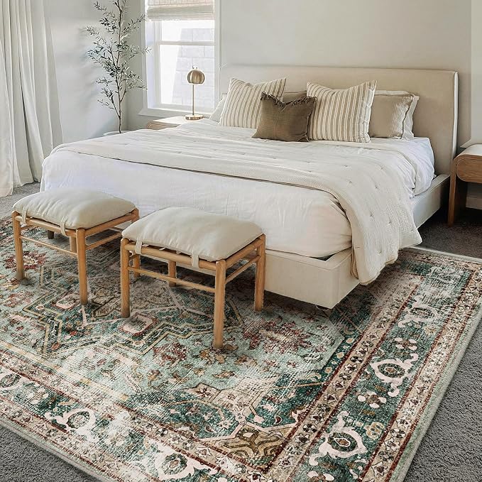 CHAMPLANT Area Rug 8'x10' Green Washable Vintage Traditional Mat Distressed - Image 3
