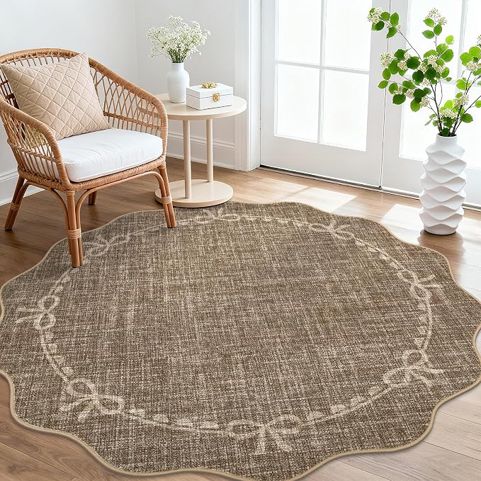 GarveeHome Scalloped Bow Rug for Living Room, 5ft Round Rugs Washable Solid - Image 2