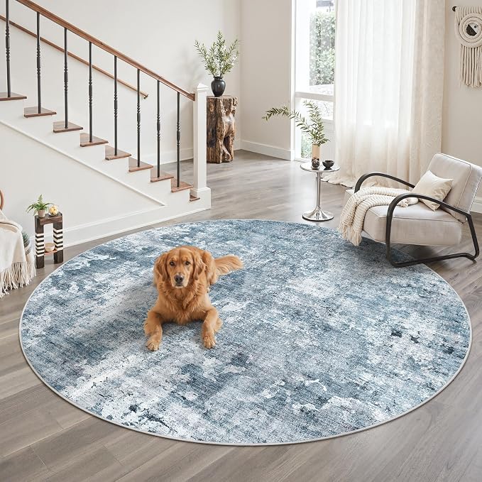 Soalmost 9x9 Blue/Grey Round Rug 9ft Living Room Circle Rug Vintage Round Area - Image 2