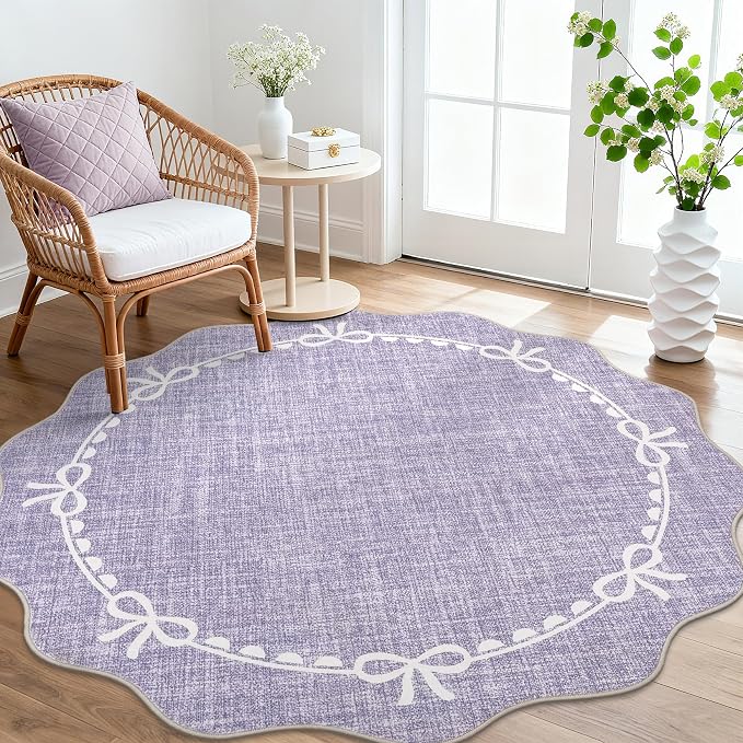 GarveeHome Scalloped Bow Rug for Living Room, 6ft Round Rugs Washable Solid by GarveeHome