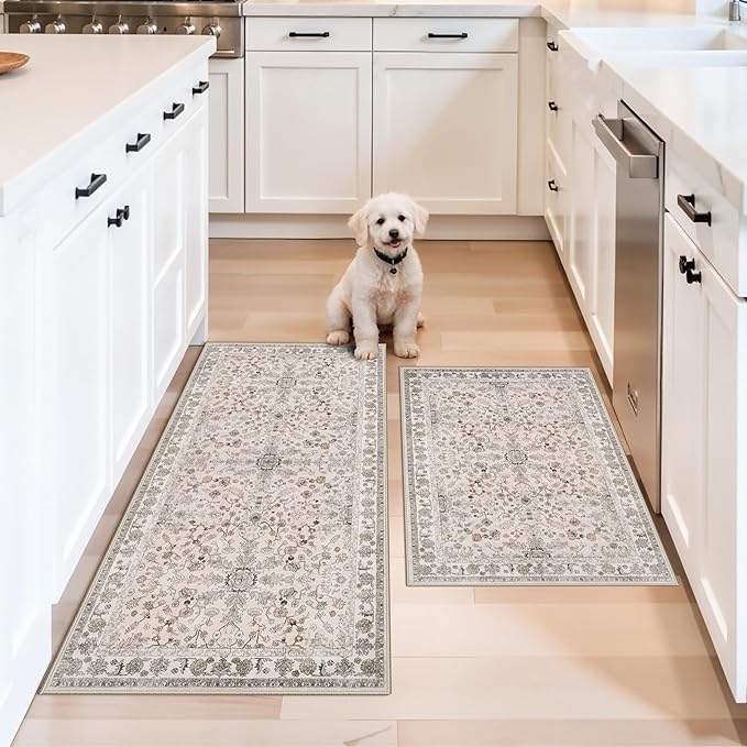 Kitchen Rugs Non-Slip Washable 2 Piece, Modern Boho Low Pile Stain-Resistant by BYYVOORugsforYourHome