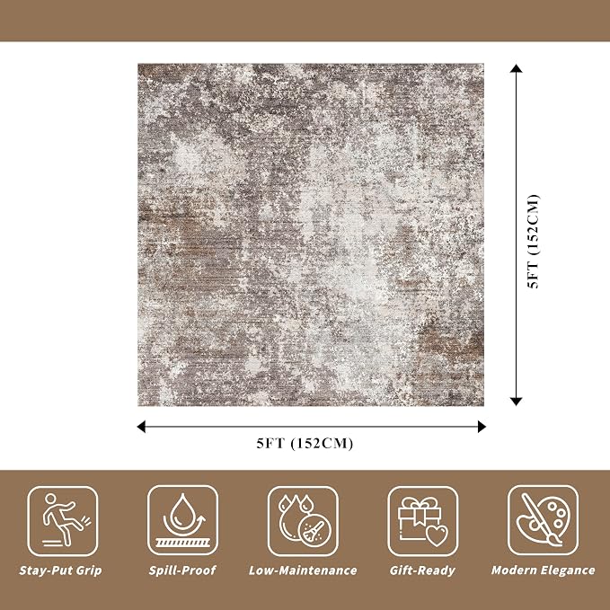 Washable 5x5 Area Rug Square – Non-Slip Soft Indoor Rug - Image 2