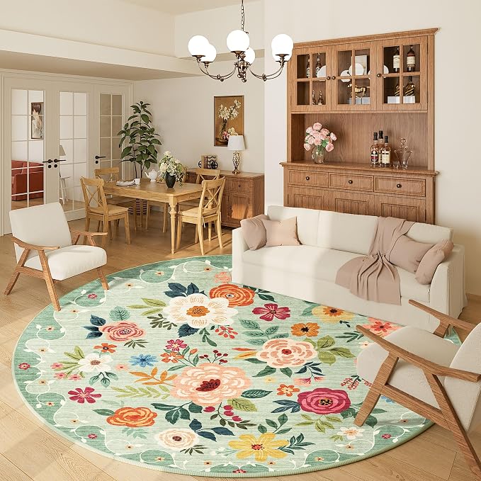 DUKINO Floral Round Rug, 6ft Washable Circle Rug, Non Slip Indoor Low Pile by DUKINO