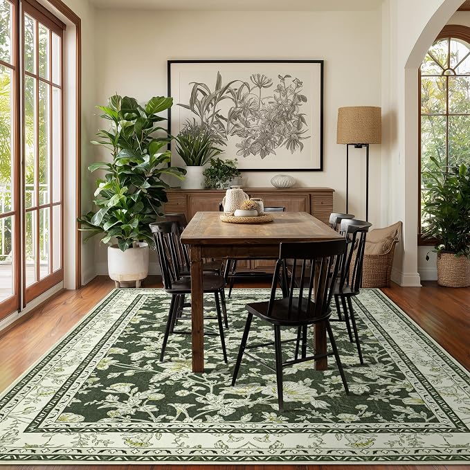 Olive Green Floral Print Area Rugs - Image 2