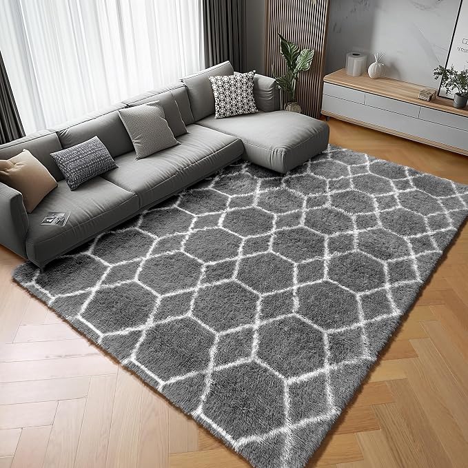 ONASAR 5x7 Area Rugs for Living Room Bedroom, Fluffy Grey and White Faux Fur - Image 8