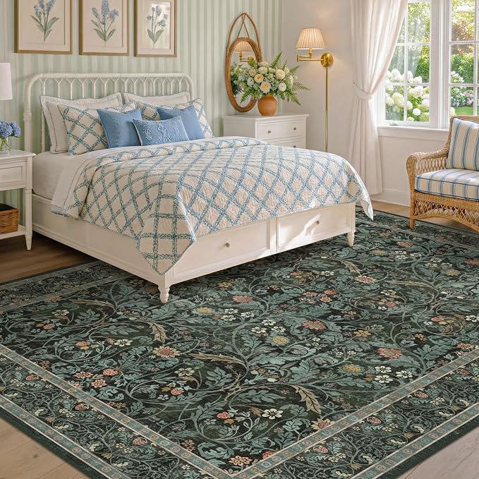 Washable Area Rug 9x12 Living Room, Ultra Soft Dark Floral Large Washable Rugs - Image 3